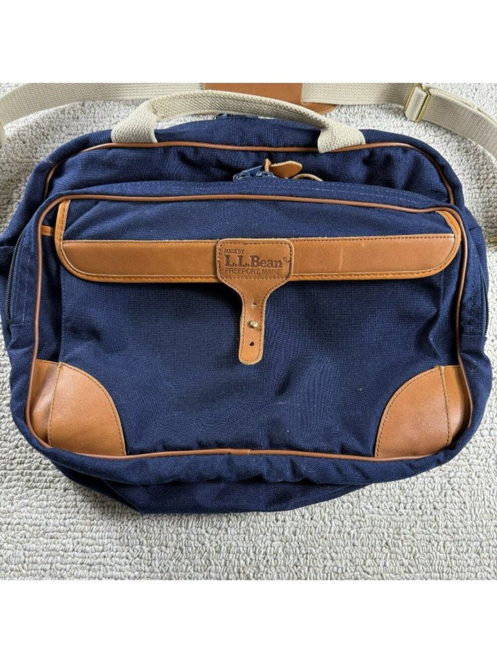 Vintage L.L. Bean Deluxe Duffel Bag Leather Trim Blue Brown